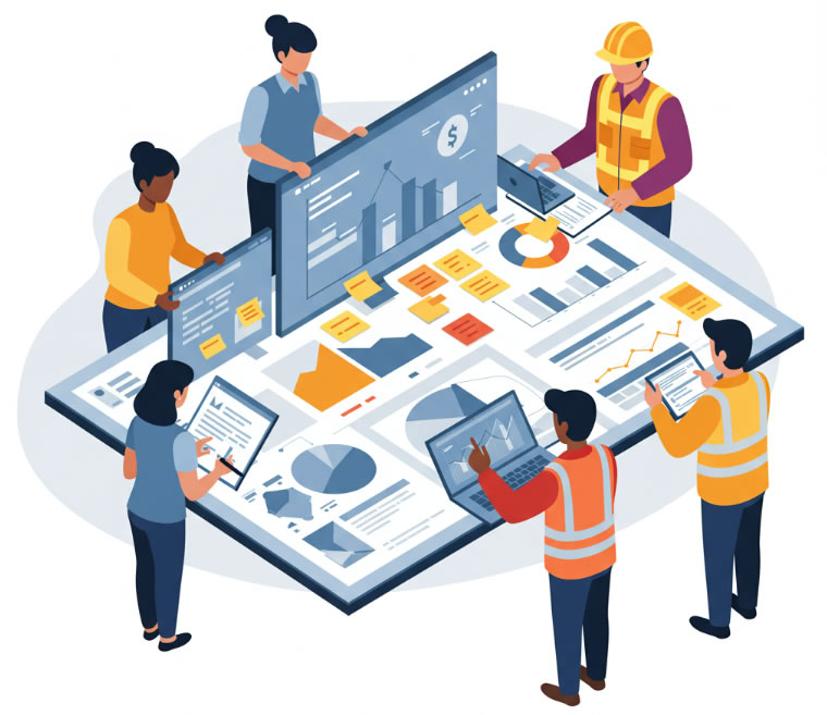 Imagen de un equipo colaborando en un entorno de trabajo organizado (quizás con gestión visual)